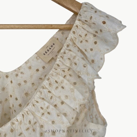Sézane Women's Eyelet Ruffle V-Neck Gold Blouse Tank | 38 (US 6) | Ecru (Cream) - Picture 5 of 12